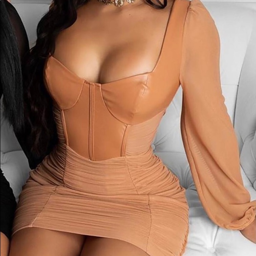 Ruched PU Leather Mesh Dress